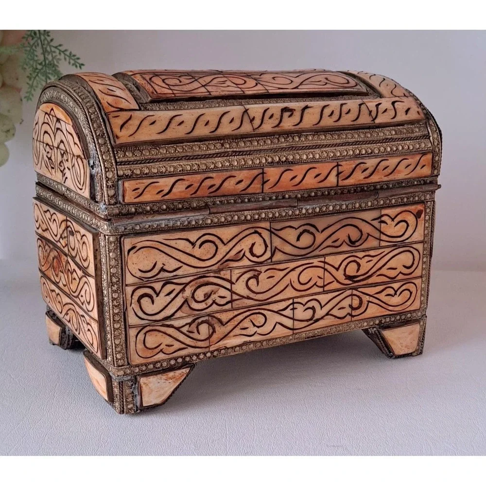 Antique Moroccan Camel Bone with Brass & Copper Inlay Dowry Chest